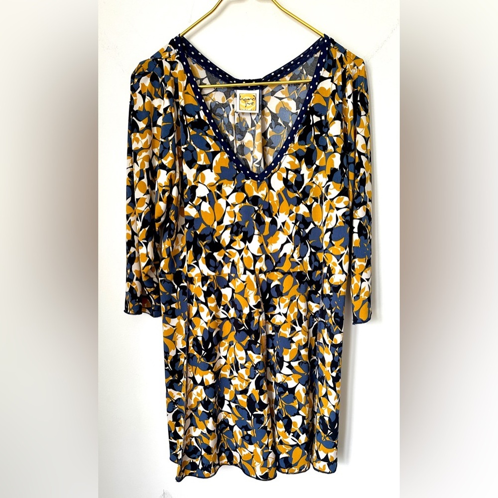Hand Jive Wear Art Blue Orange Floral Stretch 3/4 Sleeve Tunic Top Women’s XXL